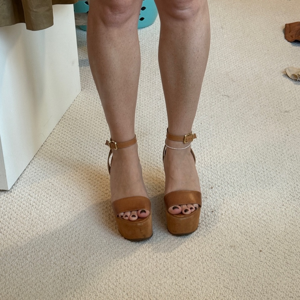 Schutz Camel Platform Wedge Sandals with Ankle Strap - Picture 3 of 4